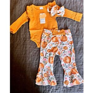 Sunny Piggy Baby Girl 3PC Pumpkin Thanksgiving Bell Bottom Boutique Set 3-6M NEW